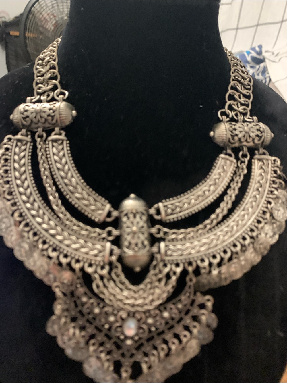 Intricate Silver-Tone Statement Bib Necklace